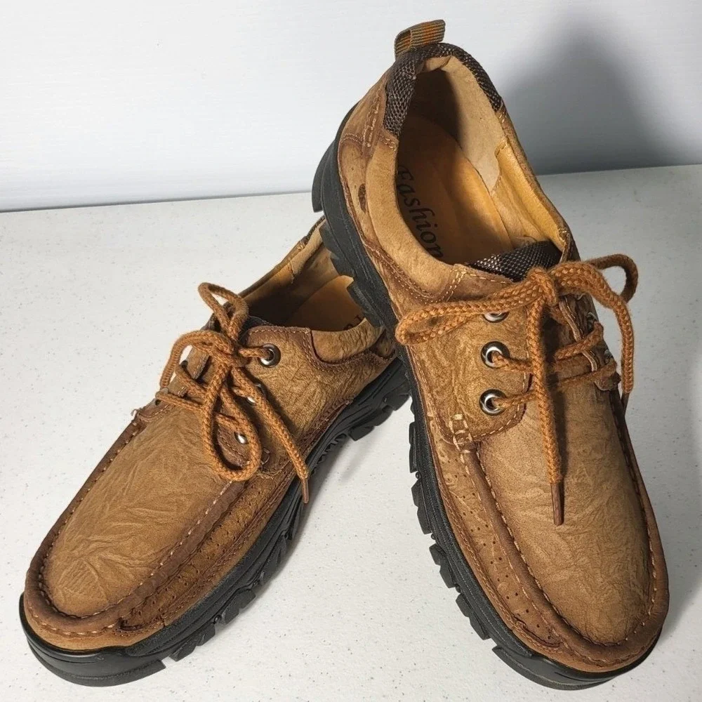 Fashion Mens Brown Textured Leather Moc Toe Oxford Hiking Shoes Lug Sole Brown